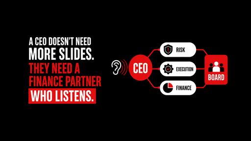 Board reporting dynamic: finance person listening to CEO and board